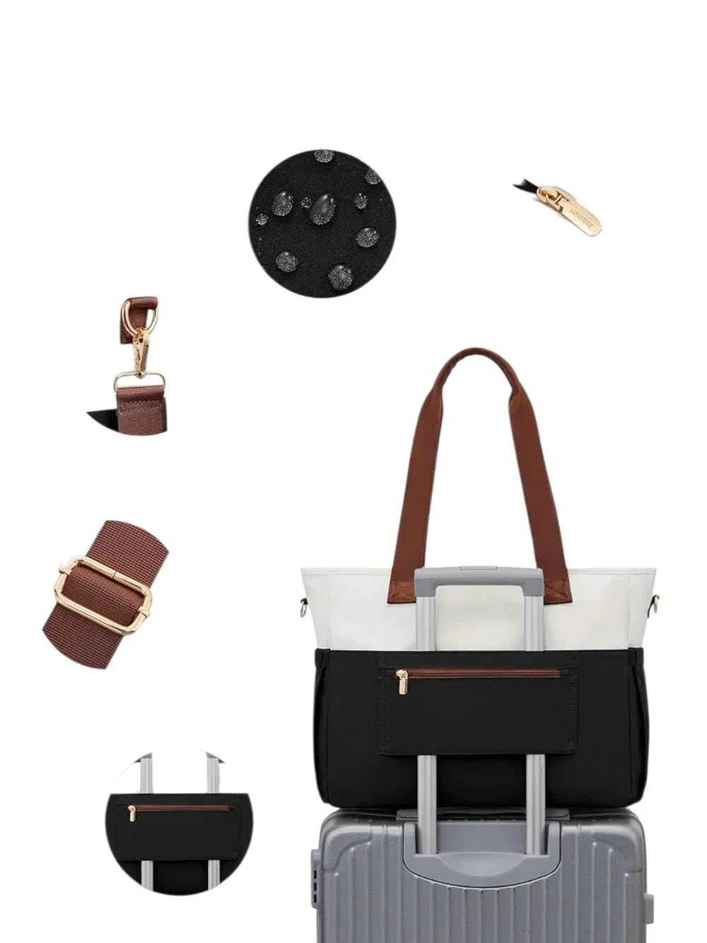 Two-Tone Black & White Laptop Tote with Brown Trim
